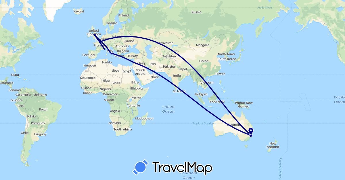 TravelMap itinerary: driving in Australia, France, United Kingdom, Italy, Lebanon, Monaco (Asia, Europe, Oceania)